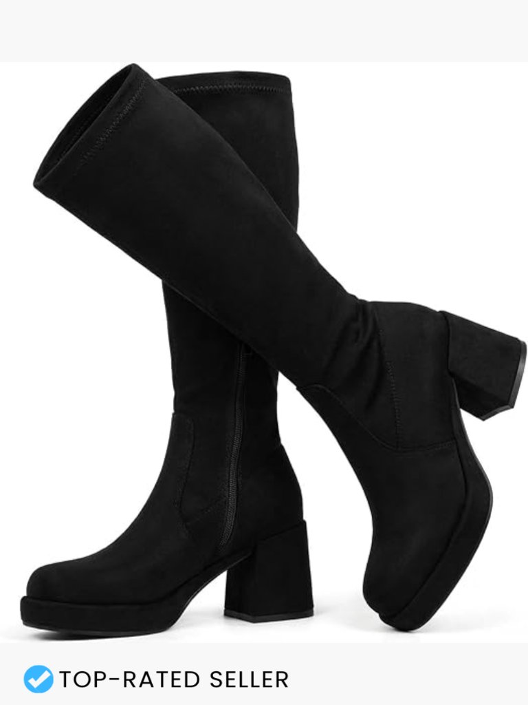Knee High Platform Chunky Heel Boots Side Zipper Stretch Suede Dress Boots